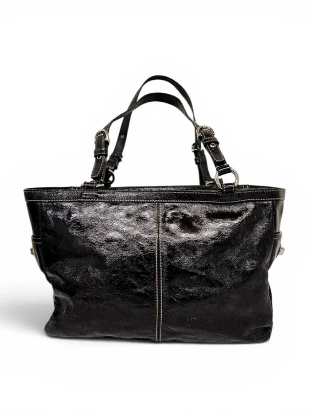 Coach Gallery Zippered Tote Bag in Black Patent Cowhide Leather F13761